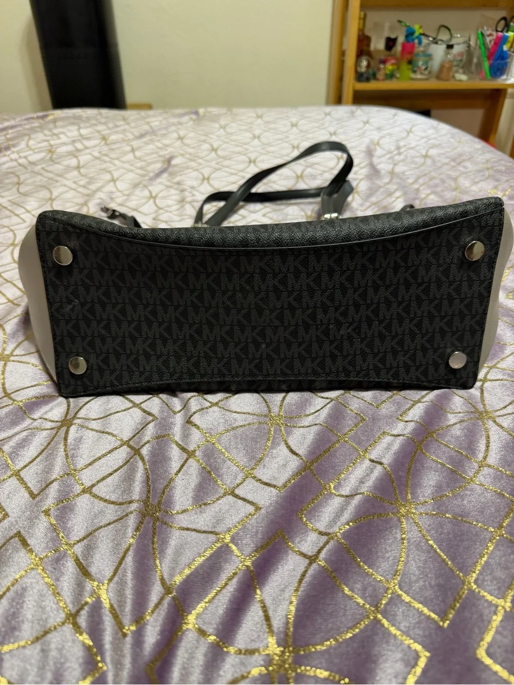Michael Kors Black & Taupe Logo-Print Tote with MK Charm